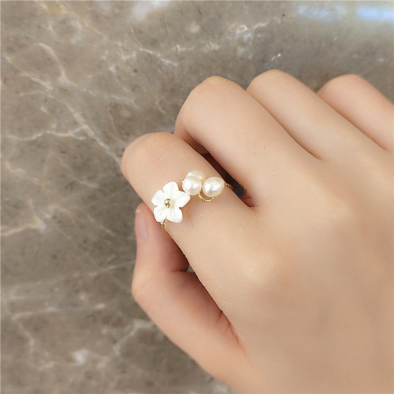 French Retro Baroque Natural Pearl Open Ring Plum Blossom Index Finger Ring Shell Flower Band