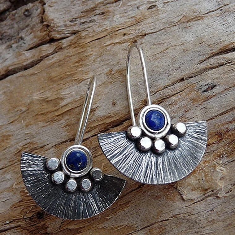 Boho Retro Half-Moon Fan Earrings (Antique Silver-Inspired · Lapis Lazuli Artistic Statement Piece)