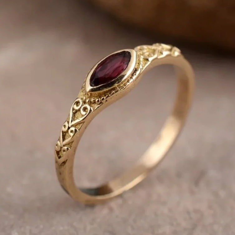 Vintage Gold Pattern Ruby Statement Ring for Women