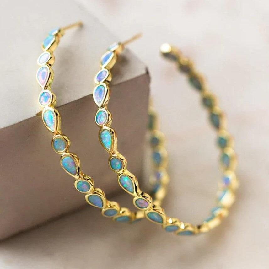 Oversized C-Shape Opal Circle Earrings