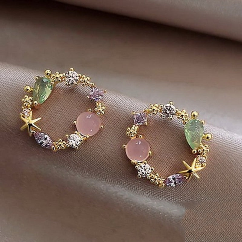 Color Zirconia Flower Cat Eye Studs