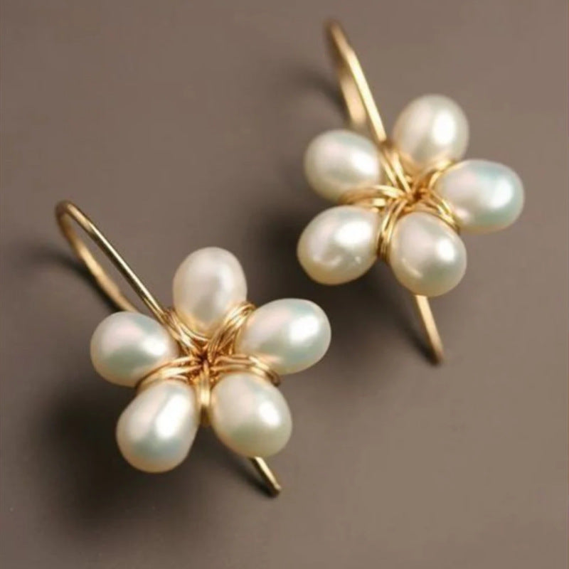 White Pearl Flower Ear Hooks