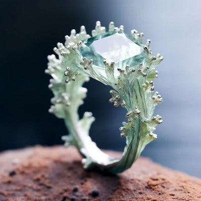 Green Enamel Coral Ring | Artistic Ocean Jewelry