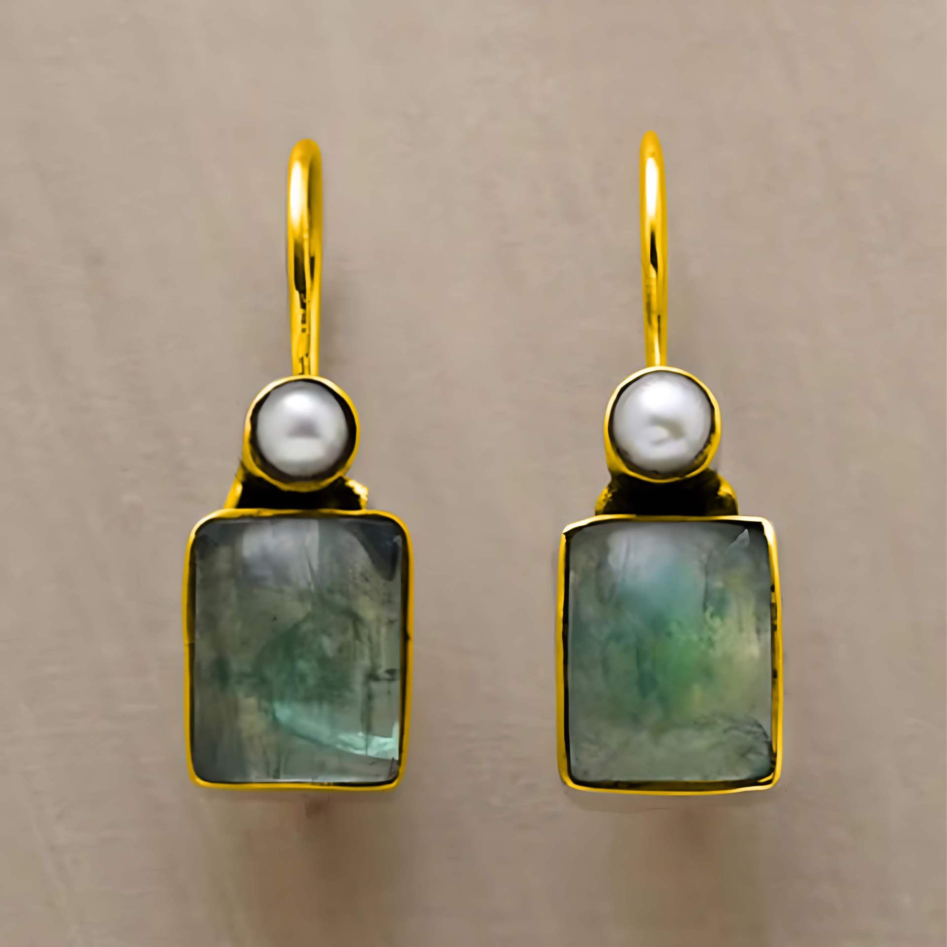 Square Green Stone Pearl Earrings