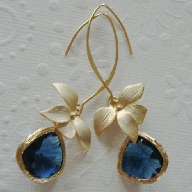Gold Flower Blue Zirconia Earrings
