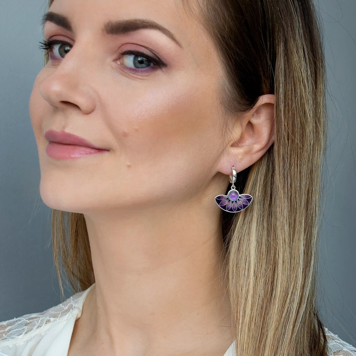 Colorful purple enamel flower fan earrings