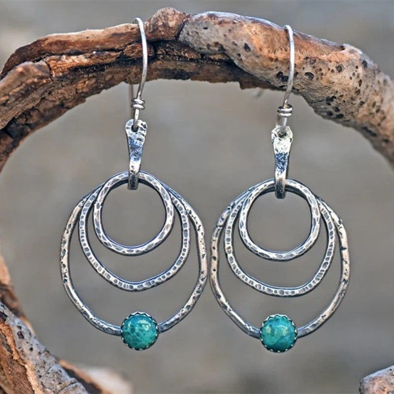 Carved Tree Turquoise Ethnic Earrings