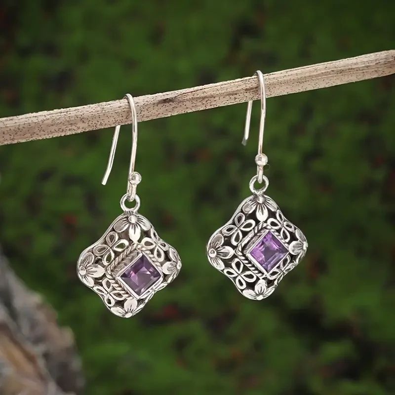Long Purple Zirconia Drop Earrings