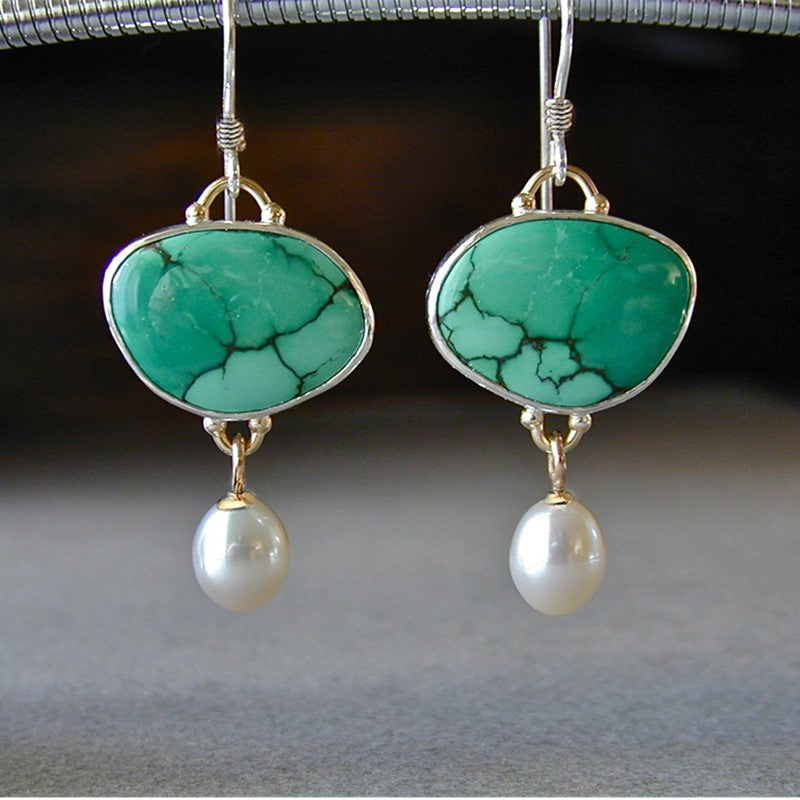 Geometric Green Stone Pearl Earrings