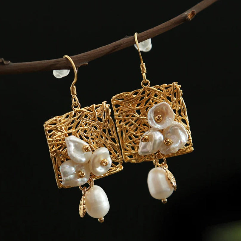 Baroque Pearl Square Openwork Earrings