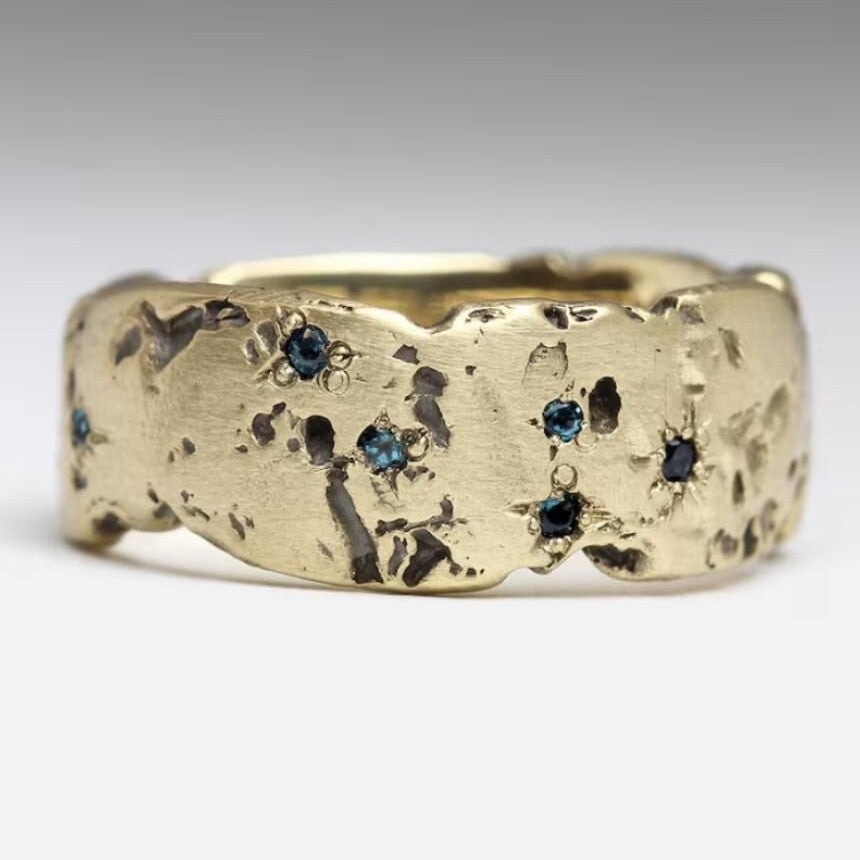 Tin Foil Texture Blue Zircon Irregular Ring