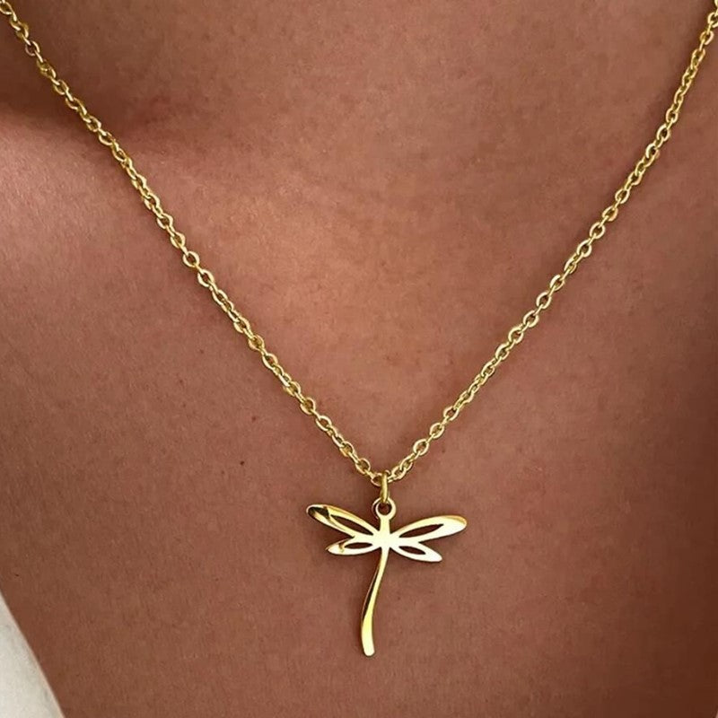 Gold Hollow Dragonfly Stainless Steel Pendant Necklace