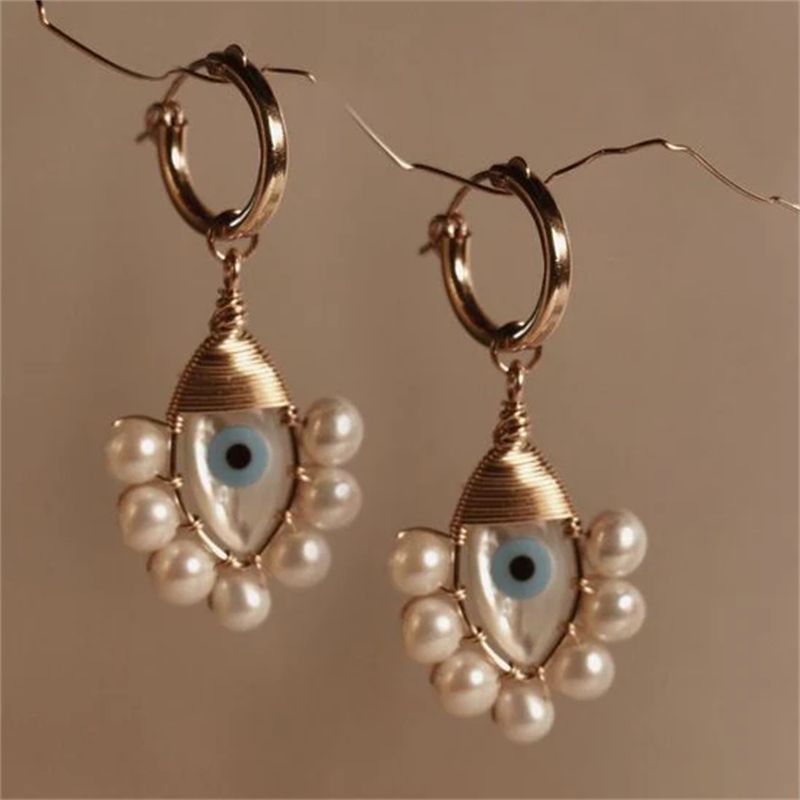 Gold Pearl Evil Eye Statement Earrings