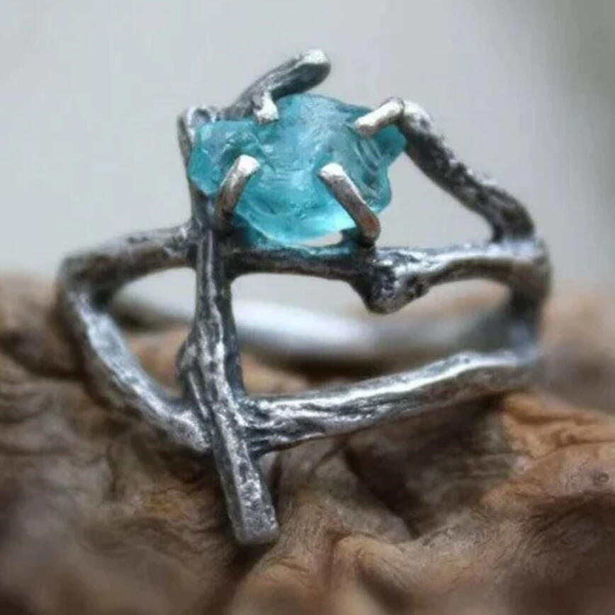 French Geometric Sky Blue Stone Hollow Ring