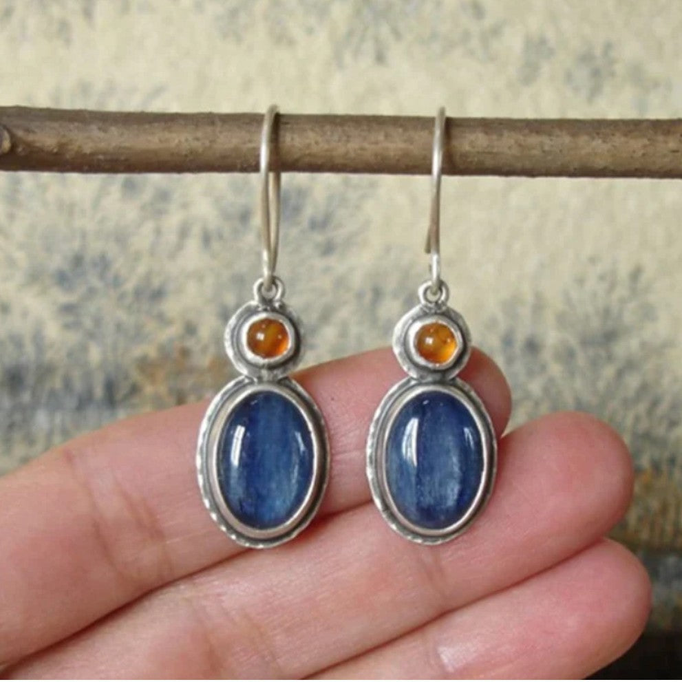 Silver Oval Gemstone Tribal Earrings