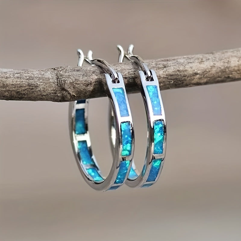 Blue Opal Round Unisex Hoops