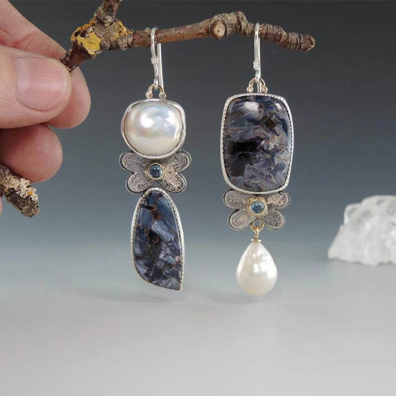 Asymmetric Purple Gemstone Pearl Earrings