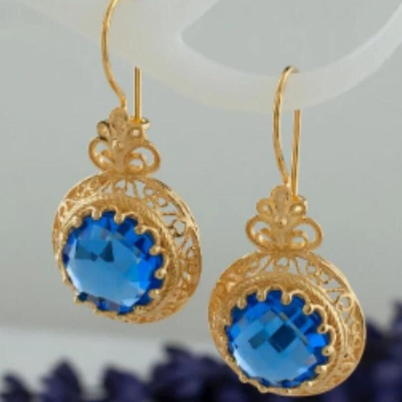 Gold Openwork Blue Crystal Earrings