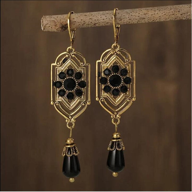Geometric retro hollow inlaid round bead earrings