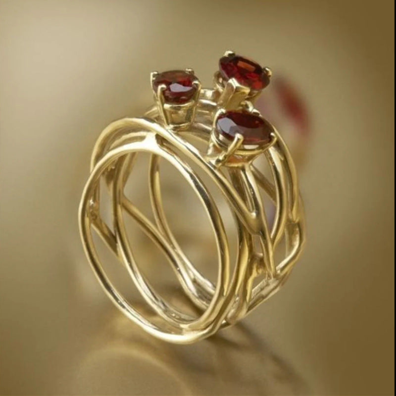 French Geometric Hollow Red Stone Ring