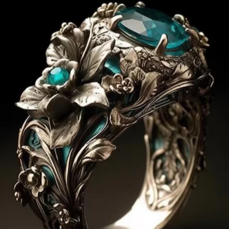 Gun Gray Flower Blue Zircon Ring