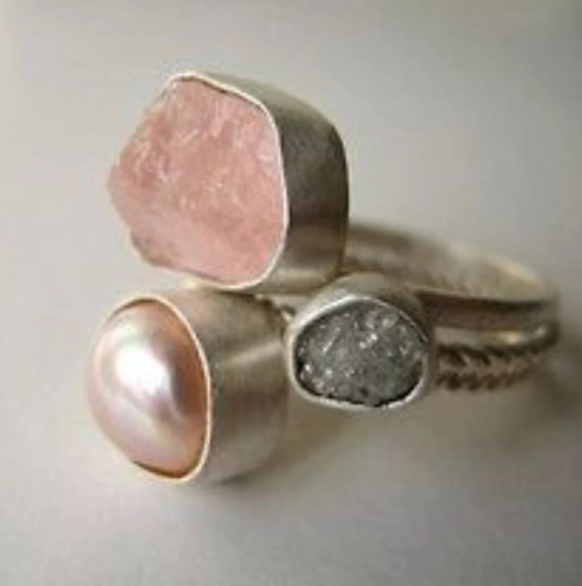 Pink Crystal Natural Pearl Heavy Work Ring