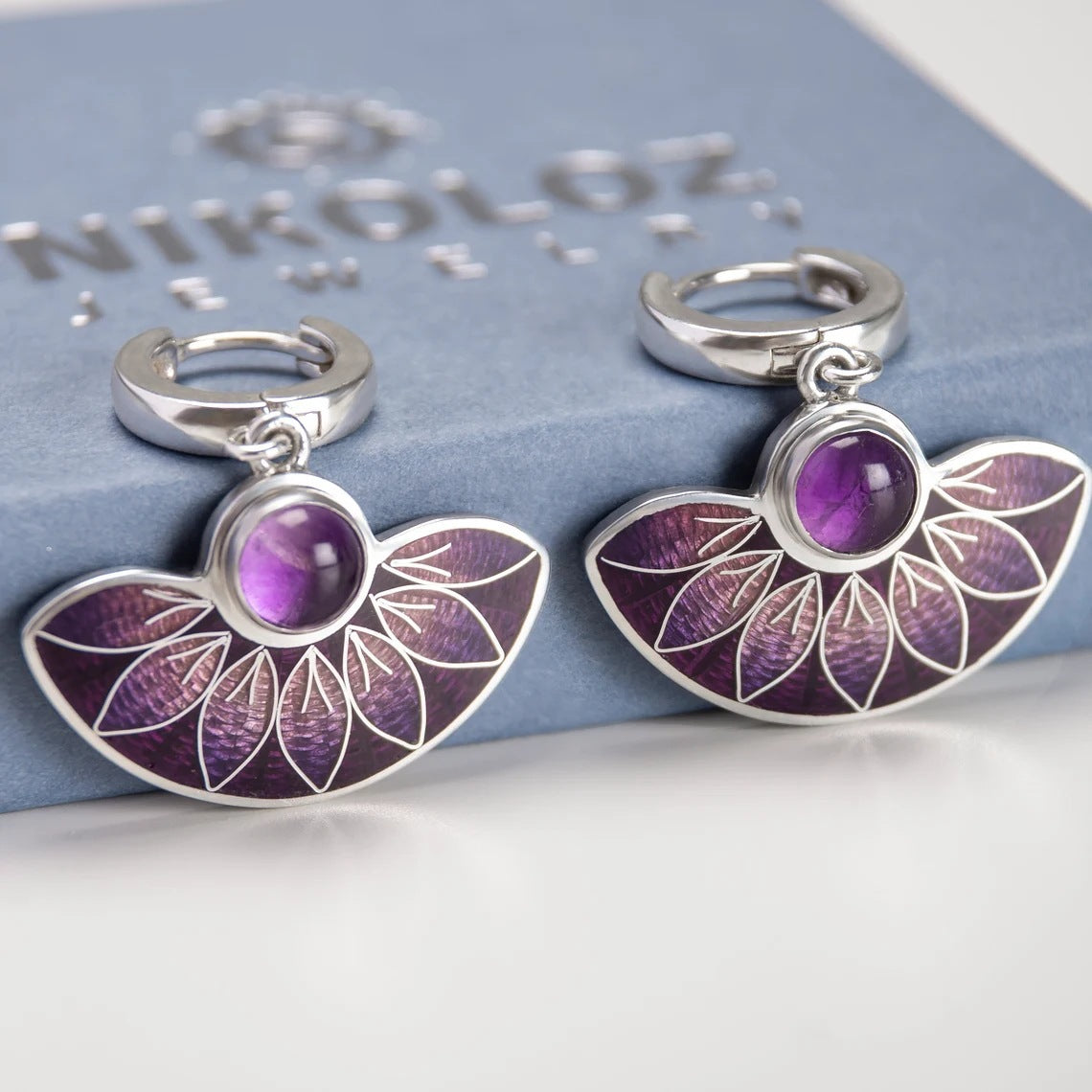 Colorful purple enamel flower fan earrings