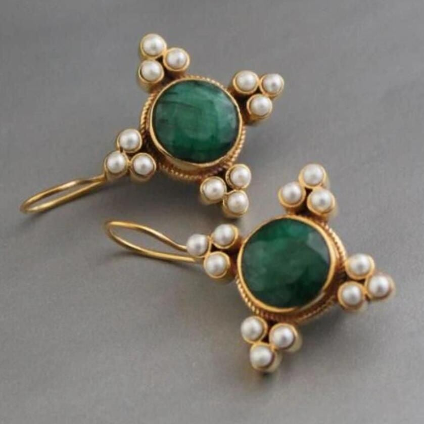 Green Stone Floral Vintage Earrings