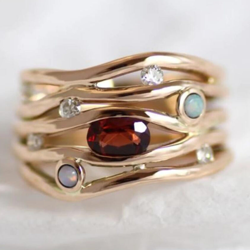 Geometric Champagne Red Stone Crystal Ring