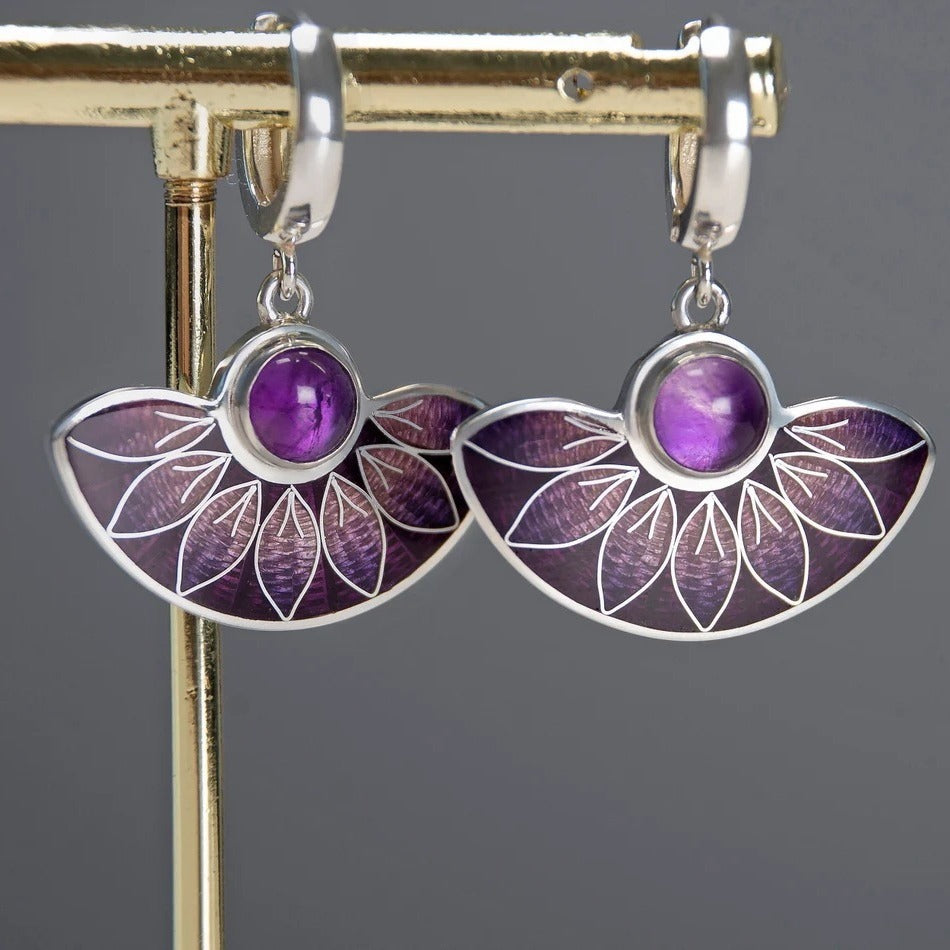 Colorful purple enamel flower fan earrings